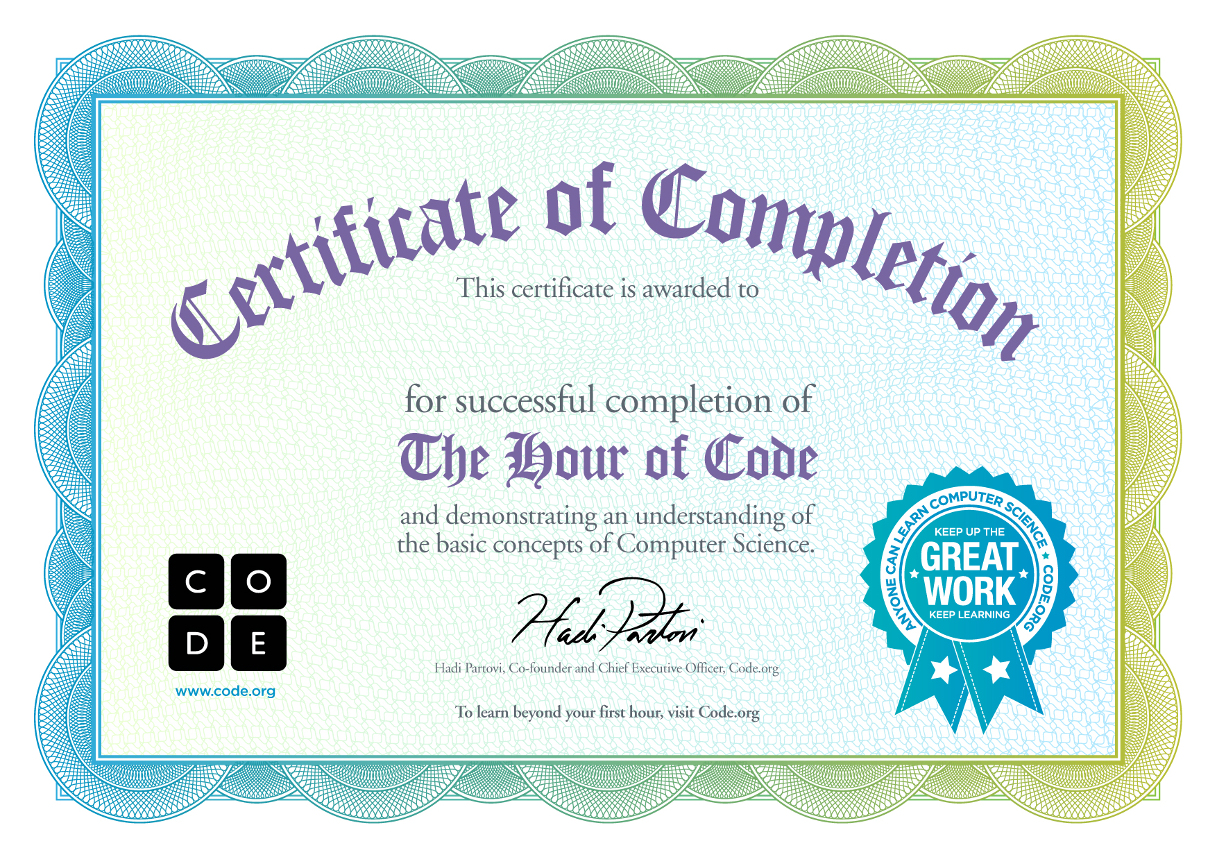 Certificate for Completion of One Hour of Code
